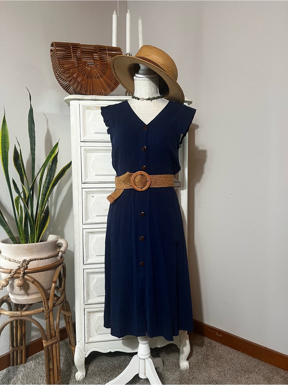 Monteau Navy Blue Button-Front Midi Dress